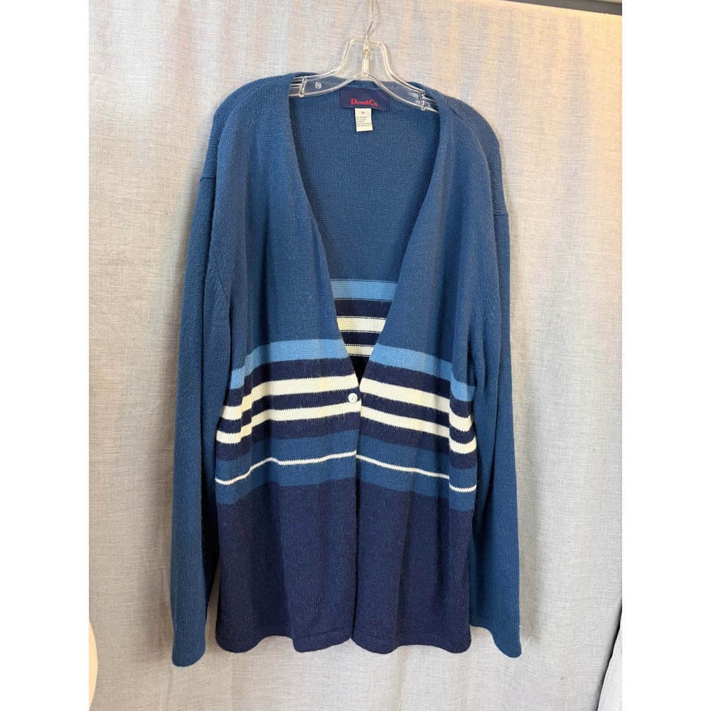Denim‎ & Co. Blue Striped Open Front Cardigan Sweater Plus 3X